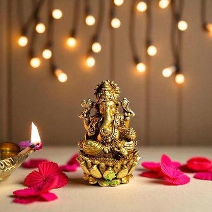 Decorative Brass Ganapati Statue | Ethnic Hindu God Figurine for Diwali & Daily Pooja | Light Weighted Ganesh (Yellow, 3 Inch)