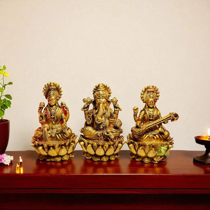 Light Weighted Brass Laxmi Ganesh Saraswati Idol Set for Temple | Puja Murti for Home & Office Mandir | Temple Idols for Diwali & Daily Rituals (Yellow, 3 Inch)