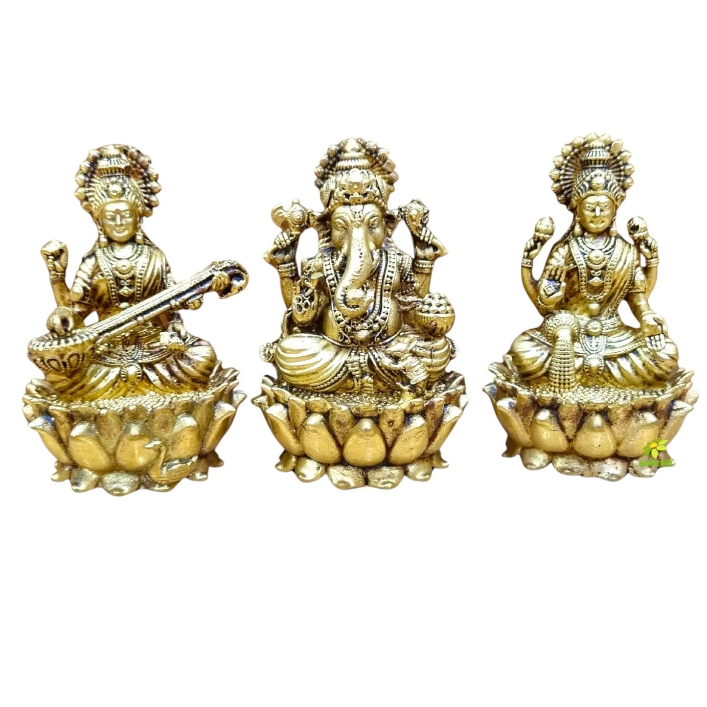 Light Weighted Brass Laxmi Ganesh Saraswati Idol Set for Temple | Puja Murti for Home & Office Mandir | Temple Idols for Diwali & Daily Rituals (Yellow, 3 Inch)