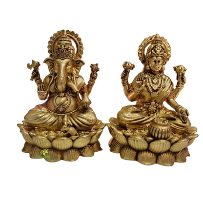 Pure Brass Laxmi Ganesh Idol for Temple | Traditional Puja Murti for Home & Office | Light Weighed Brass Laxmi Ganesh Murti for Mandir (Yellow, 3.5 Inch)
