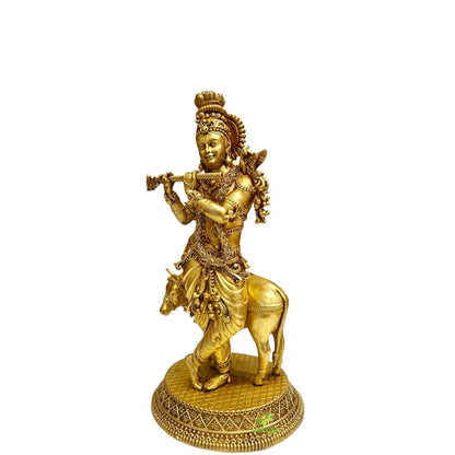 Brass Krishna Idol for Home Temple & Decor | Handcrafted Lord Krishna Statue with Flute | Light Weighted Krishna (Yellow, 8 Inch)