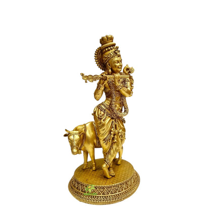 Brass Krishna Idol for Home Temple & Decor | Handcrafted Lord Krishna Statue with Flute | Light Weighted Krishna (Yellow, 8 Inch)