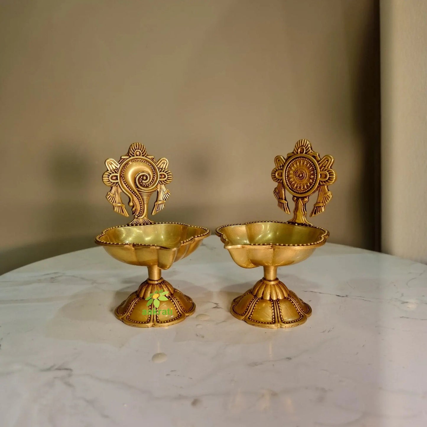 Shankh Chakra Diya Lamp 4.5 inch/ Home Temple Diya/ Handmade metal oil Lamp table top