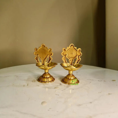 Shankh Chakra Diya Lamp 4.5 inch/ Home Temple Diya/ Handmade metal oil Lamp table top