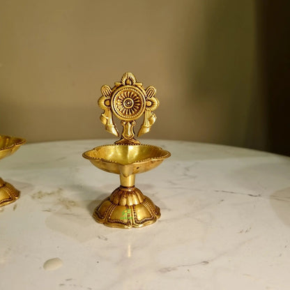 Shankh Chakra Diya Lamp 4.5 inch/ Home Temple Diya/ Handmade metal oil Lamp table top