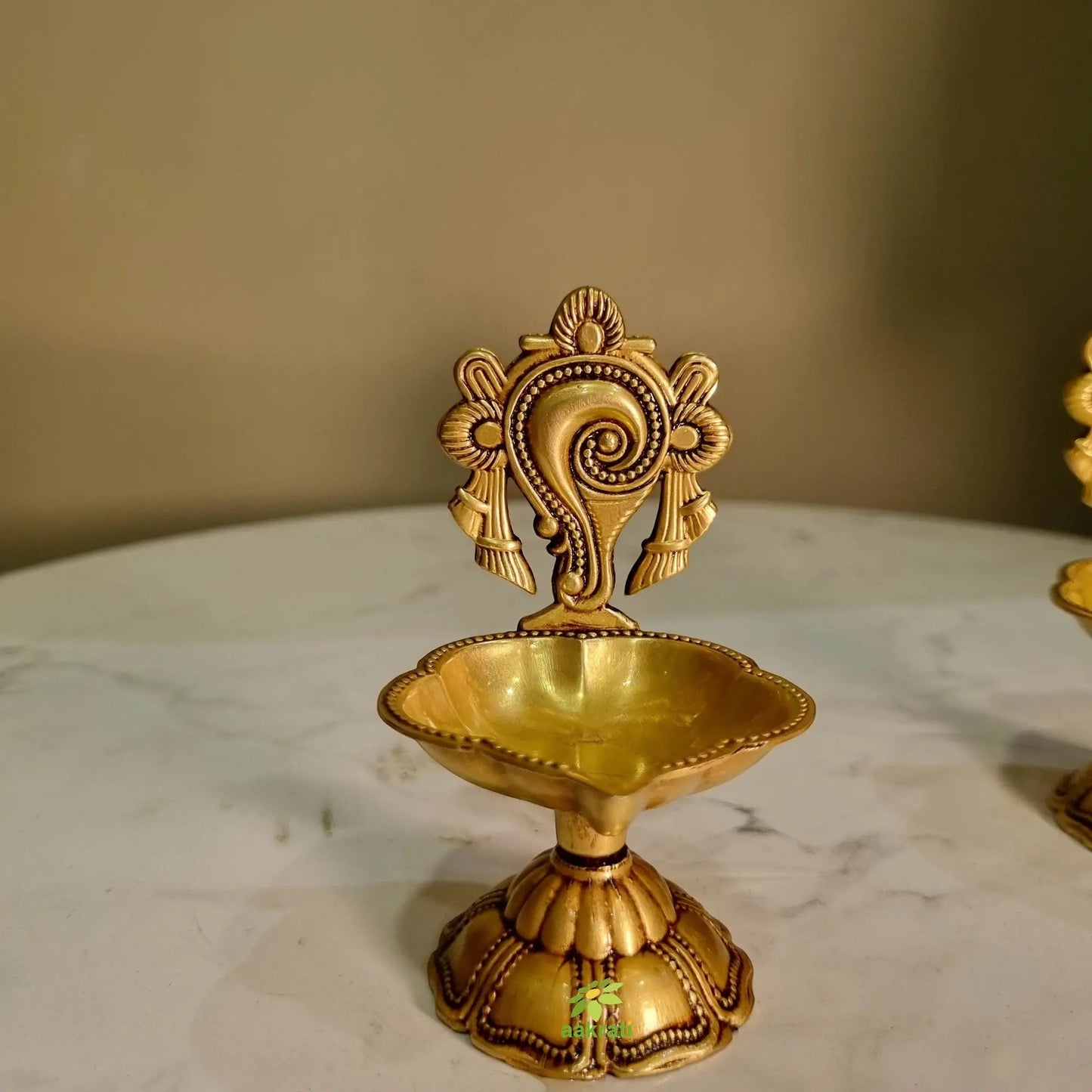 Shankh Chakra Diya Lamp 4.5 inch/ Home Temple Diya/ Handmade metal oil Lamp table top