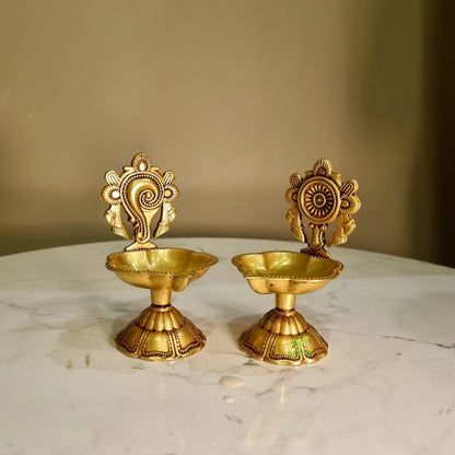Shankh Chakra Diya Lamp 5 inch/ Home Temple Diya/ Handmade metal oil Lamp table top