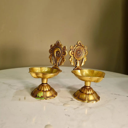 Shankh Chakra Diya Lamp 5 inch/ Home Temple Diya/ Handmade metal oil Lamp table top