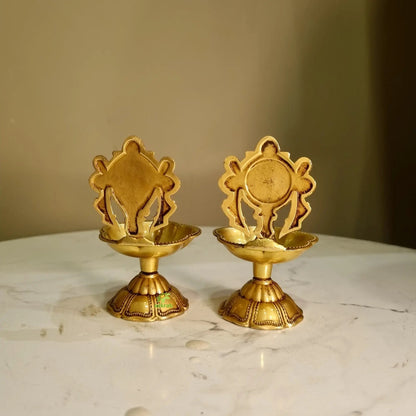 Shankh Chakra Diya Lamp 5 inch/ Home Temple Diya/ Handmade metal oil Lamp table top