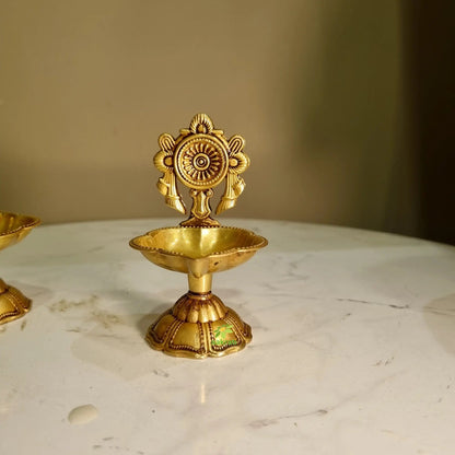 Shankh Chakra Diya Lamp 5 inch/ Home Temple Diya/ Handmade metal oil Lamp table top