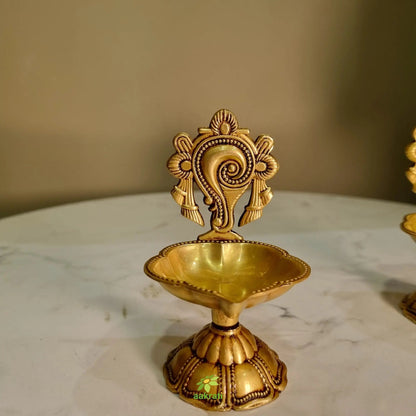 Shankh Chakra Diya Lamp 5 inch/ Home Temple Diya/ Handmade metal oil Lamp table top