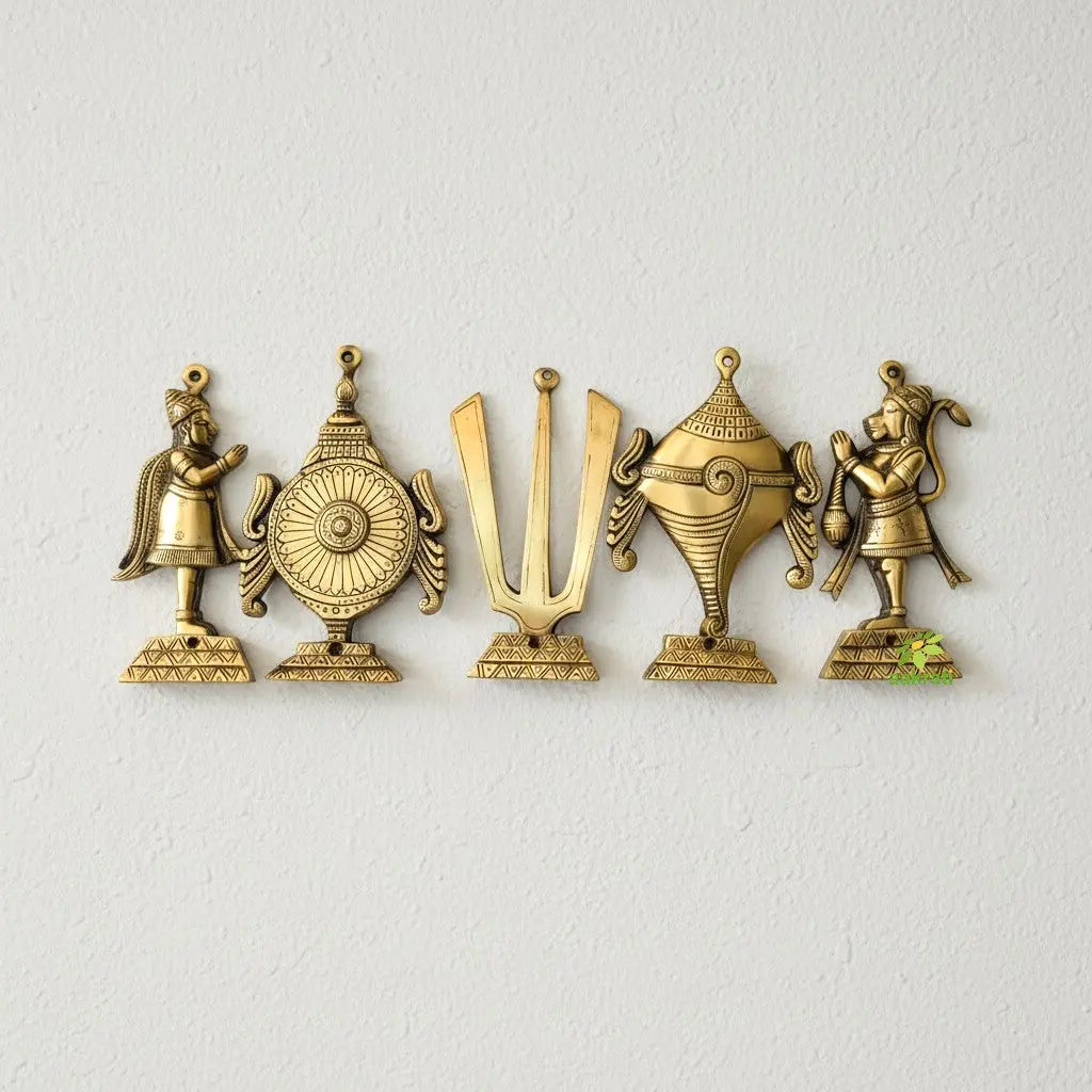 "Pure Brass Shankh Chakra Namah Wall Art | "Antique Finish Brass Shankh Chakra Namah wall decor (Yellow 9 inch)