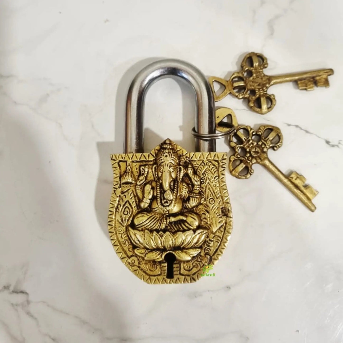 Handmade Brass Ganesha Padlock | Brass Ganesh Engraved Padlock with 2 Keys | Heavy Duty Traditional Lock for Doors