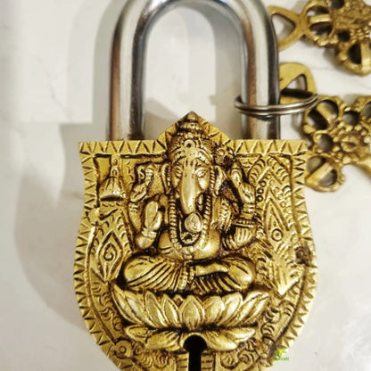 Handmade Brass Ganesha Padlock | Brass Ganesh Engraved Padlock with 2 Keys | Heavy Duty Traditional Lock for Doors