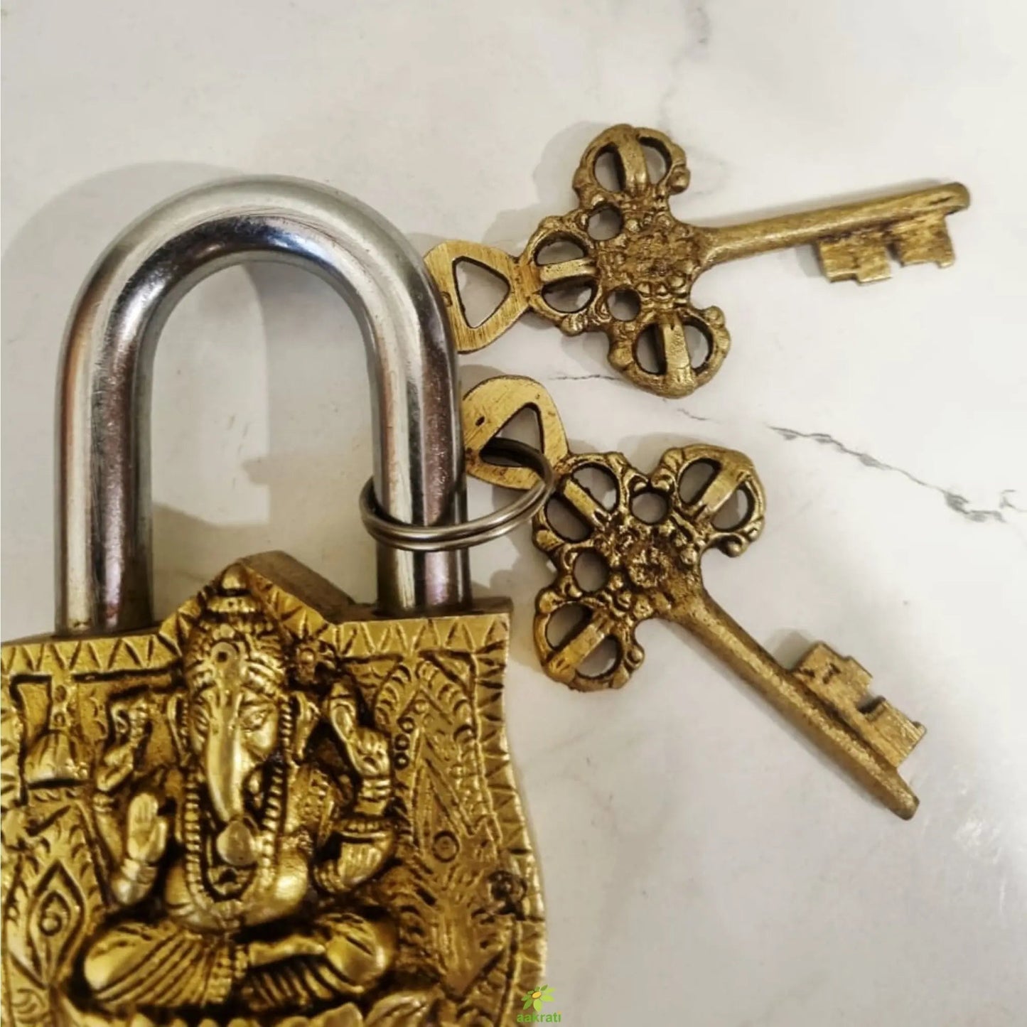 Handmade Brass Ganesha Padlock | Brass Ganesh Engraved Padlock with 2 Keys | Heavy Duty Traditional Lock for Doors