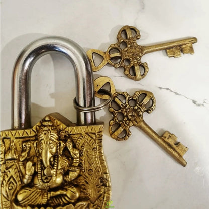 Handmade Brass Ganesha Padlock | Brass Ganesh Engraved Padlock with 2 Keys | Heavy Duty Traditional Lock for Doors