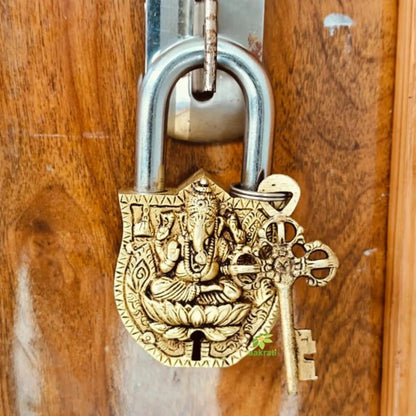 Handmade Brass Ganesha Padlock | Brass Ganesh Engraved Padlock with 2 Keys | Heavy Duty Traditional Lock for Doors