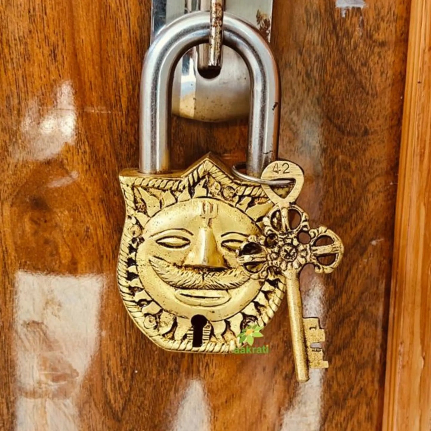 Brass Sun Face Engraved Padlock with 2 Keys | Handcrafted Brass Sun Face Padlock | Antique Finish Lock & Keys