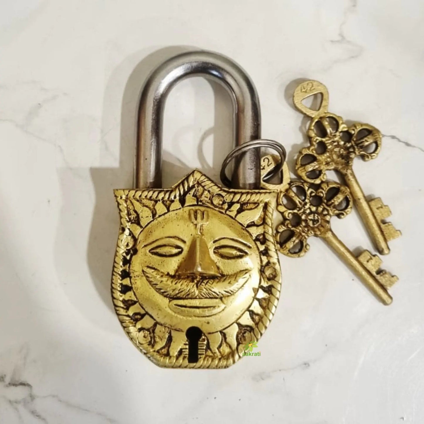 Brass Sun Face Engraved Padlock with 2 Keys | Handcrafted Brass Sun Face Padlock | Antique Finish Lock & Keys