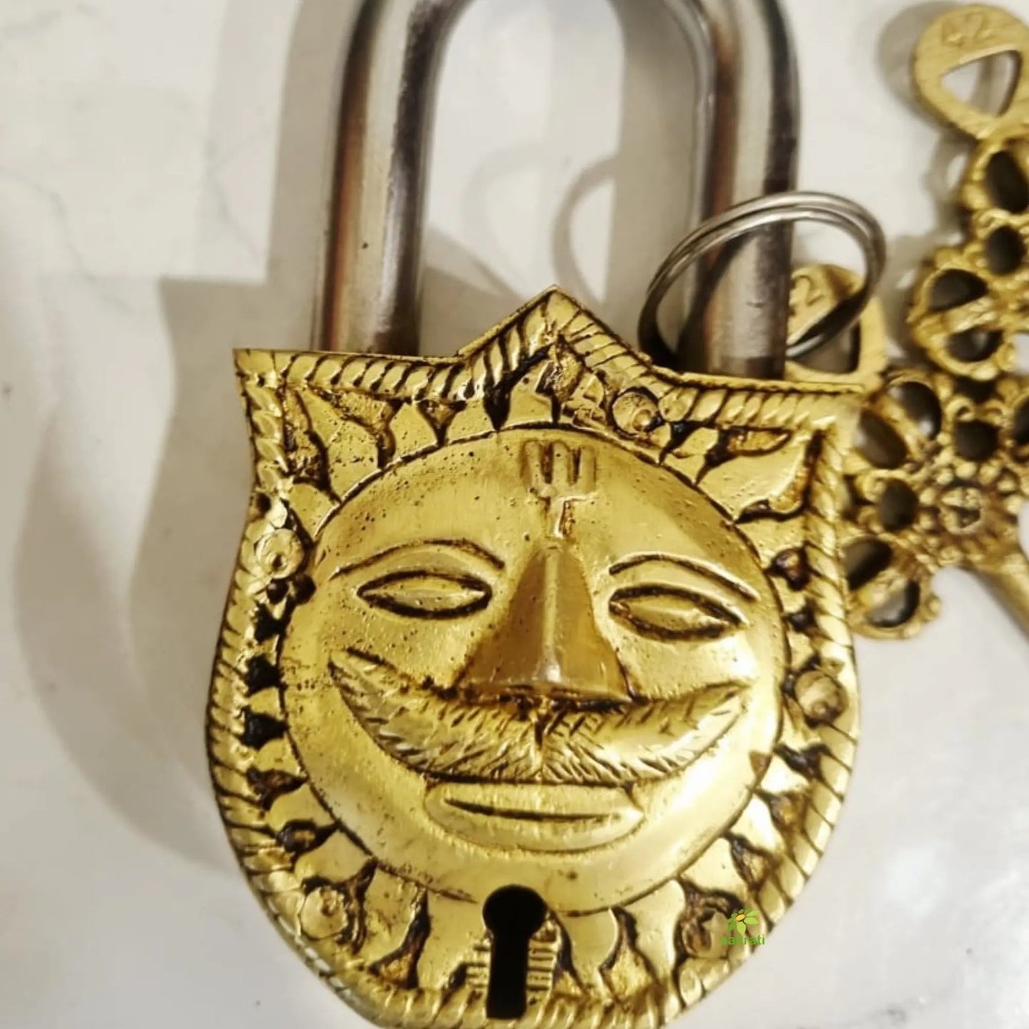 Brass Sun Face Engraved Padlock with 2 Keys | Handcrafted Brass Sun Face Padlock | Antique Finish Lock & Keys