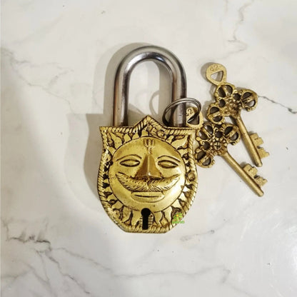 Brass Sun Face Engraved Padlock with 2 Keys | Handcrafted Brass Sun Face Padlock | Antique Finish Lock & Keys