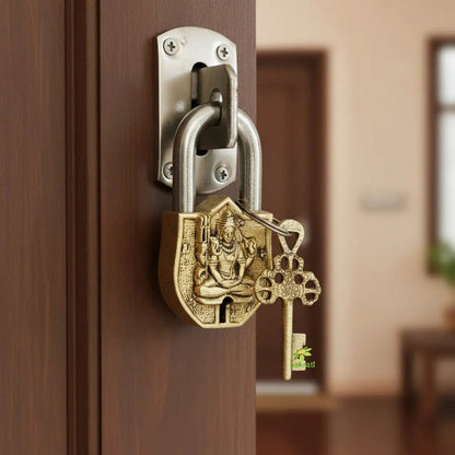 Brass Shiva Engraved Padlock with 2 Keys | Intricately Engraved Lock for Home Décor & Spiritual Gifting | Handcrafted Brass Padlock