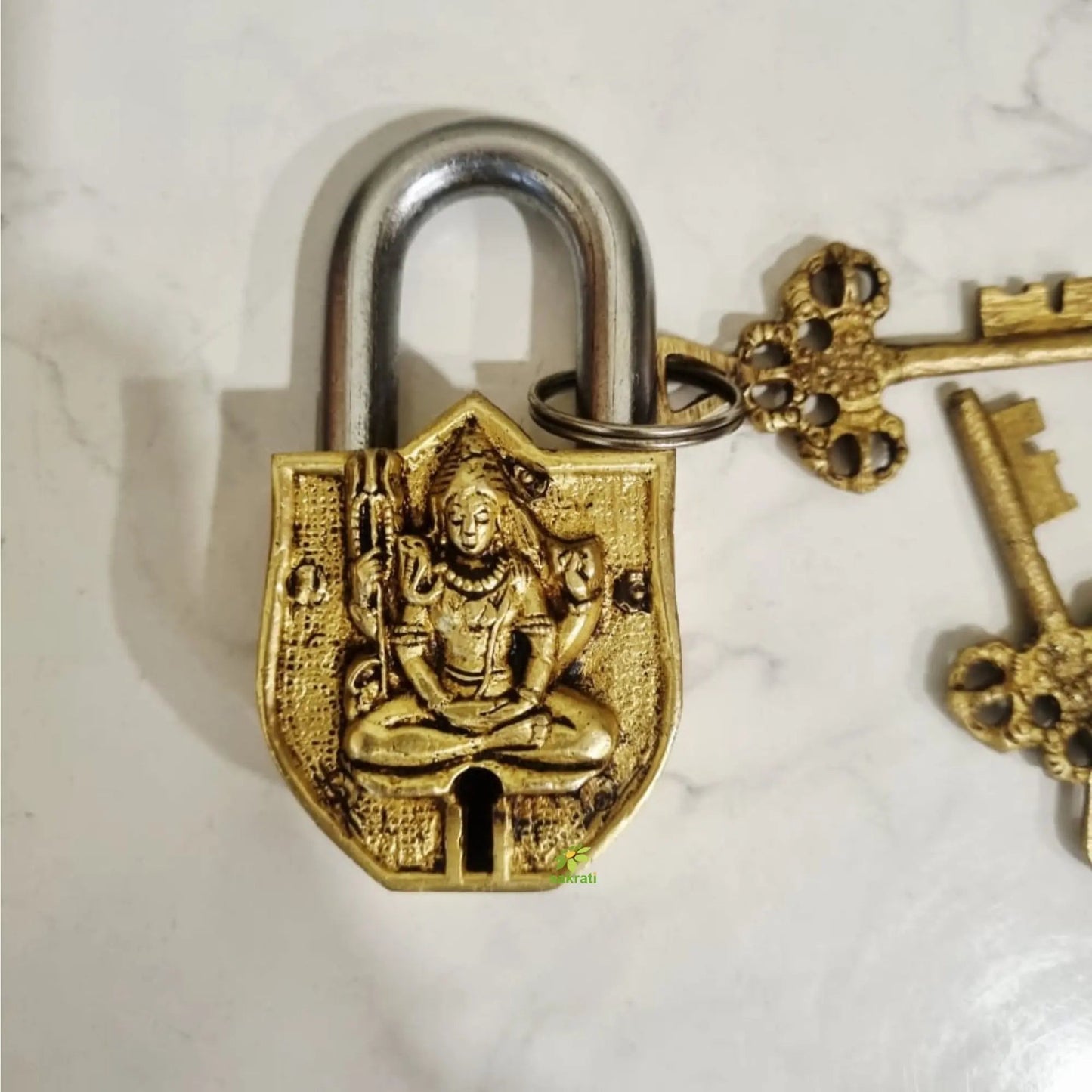 Brass Shiva Engraved Padlock with 2 Keys | Intricately Engraved Lock for Home Décor & Spiritual Gifting | Handcrafted Brass Padlock
