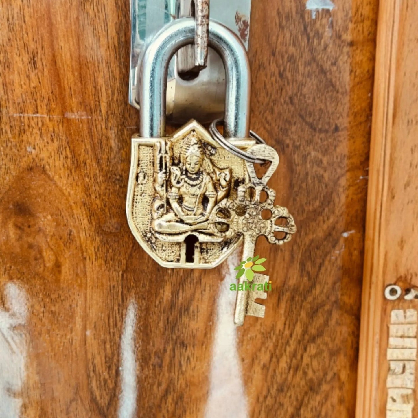 Brass Shiva Engraved Padlock with 2 Keys | Intricately Engraved Lock for Home Décor & Spiritual Gifting | Handcrafted Brass Padlock