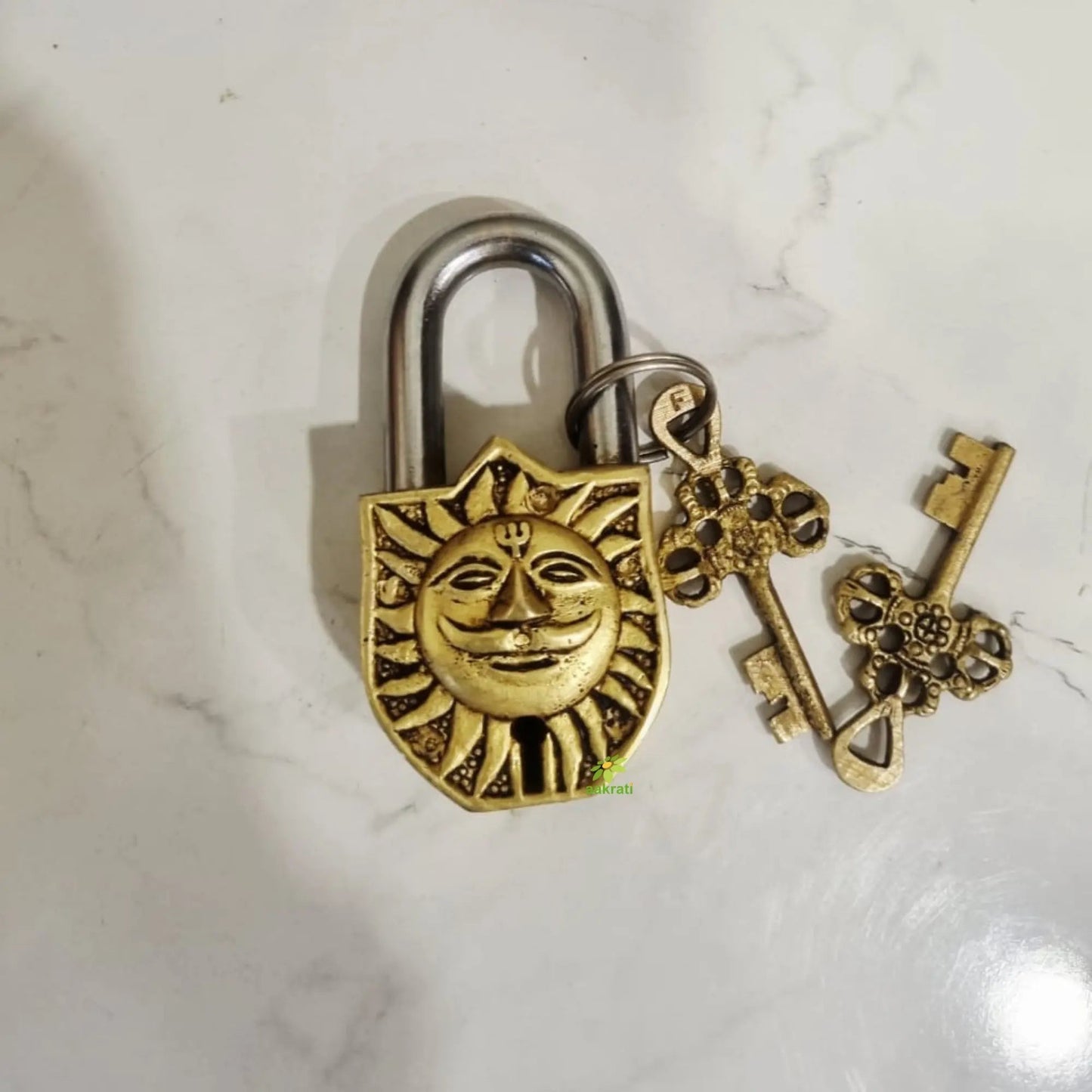 Handcrafted Brass Sun Face Padlock | Antique Finish Lock & Keys | Handcrafted Brass Sun Face Padlock