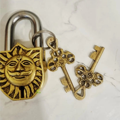 Handcrafted Brass Sun Face Padlock | Antique Finish Lock & Keys | Handcrafted Brass Sun Face Padlock