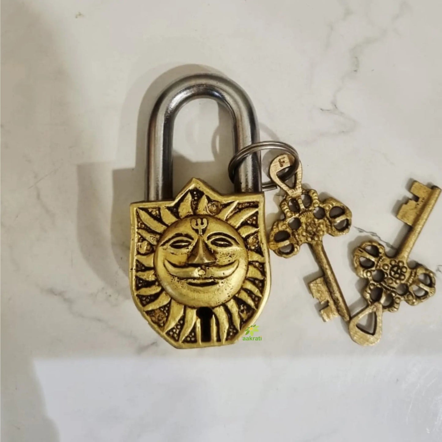 Handcrafted Brass Sun Face Padlock | Antique Finish Lock & Keys | Handcrafted Brass Sun Face Padlock