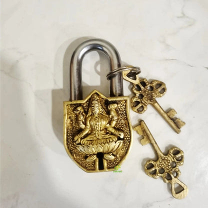 Laxmi Face Design Brass Padlock | Brass Laxmi Face Engraved Padlock with 2 Keys | Handcrafted Brass Laxmi Face Padlock