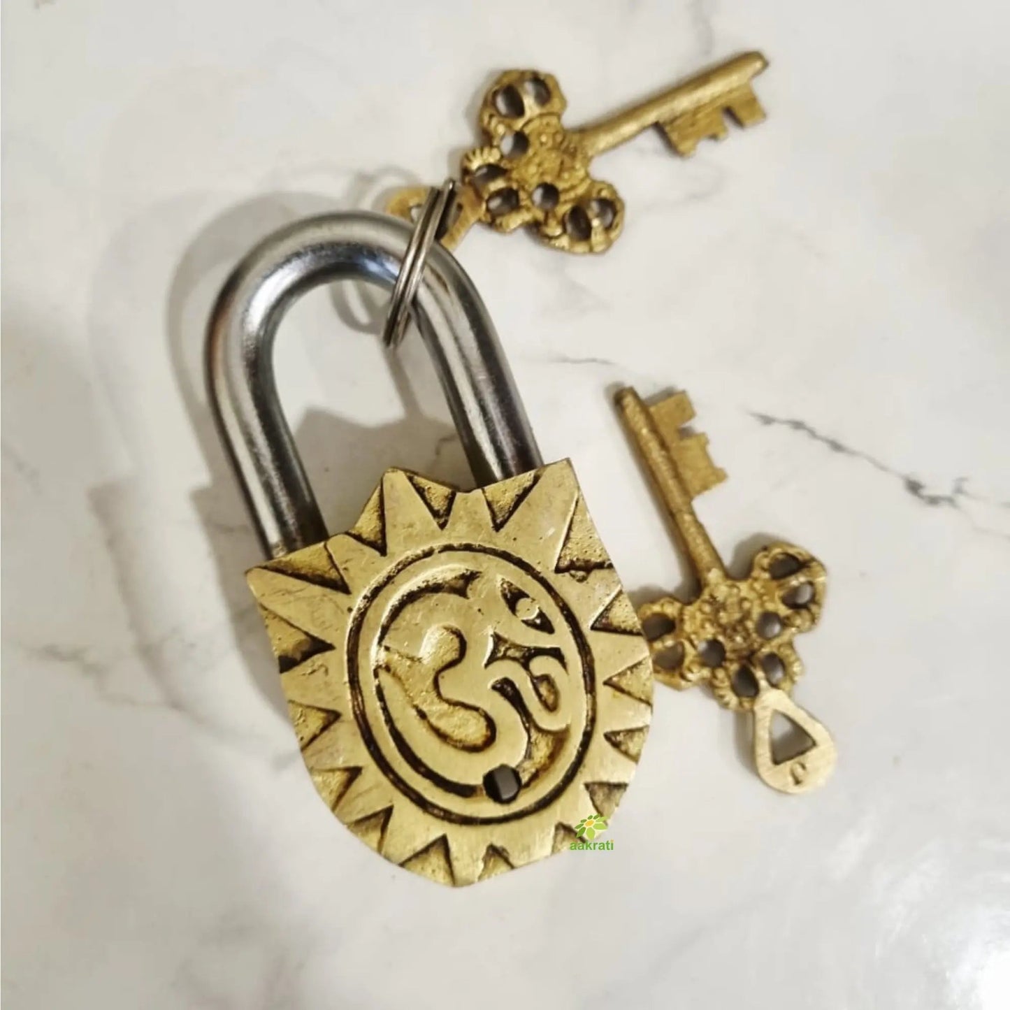 Laxmi Face Design Brass Padlock | Brass Laxmi Face Engraved Padlock with 2 Keys | Handcrafted Brass Laxmi Face Padlock