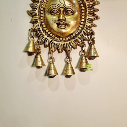 Brass Sun Face Wall Hanging with bells | Handcrafted Decorative Wall Hanging | Brass Sun Face Wall Hanging for Gifting (Yellow, 7 Inches)