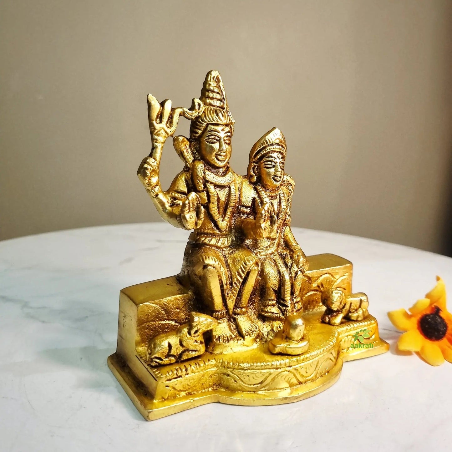 Brass Shiva Parvati Idol | Traditional Hindu Murti for Housewarming | Traditional Brass Shiva Parvati Murti (Yellow, 4.5 Inches)
