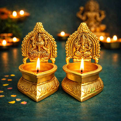 Brass Laxmi Ganesh Diya for Diwali Gifting | Brass Diya Pair | Oil Lamp for Temple (Yellow, 4.2 Inches)