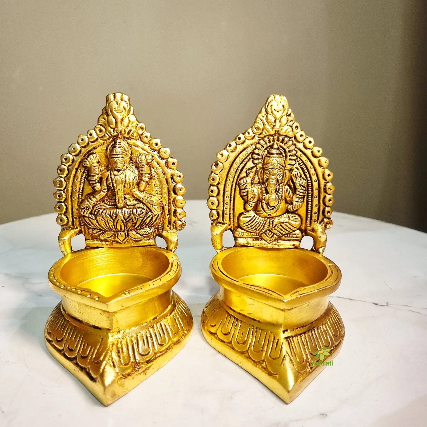Brass Laxmi Ganesh Diya for Diwali Gifting | Brass Diya Pair | Oil Lamp for Temple (Yellow, 4.2 Inches)