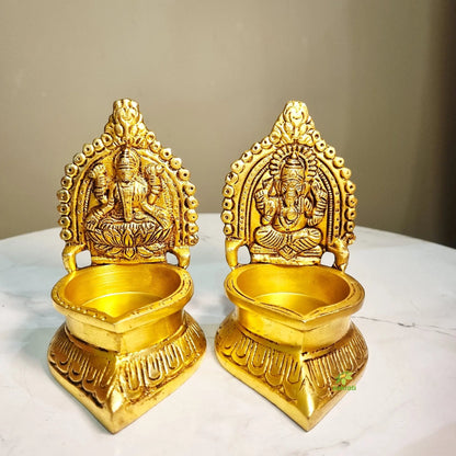 Brass Laxmi Ganesh Diya for Diwali Gifting | Brass Diya Pair | Oil Lamp for Temple (Yellow, 4.2 Inches)