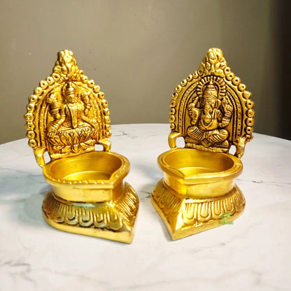 Brass Laxmi Ganesh Diya for Diwali Gifting | Brass Diya Pair | Oil Lamp for Temple (Yellow, 4.2 Inches)