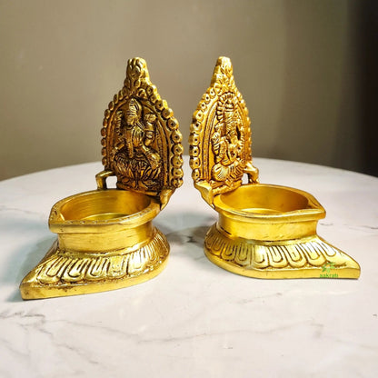 Brass Laxmi Ganesh Diya for Diwali Gifting | Brass Diya Pair | Oil Lamp for Temple (Yellow, 4.2 Inches)
