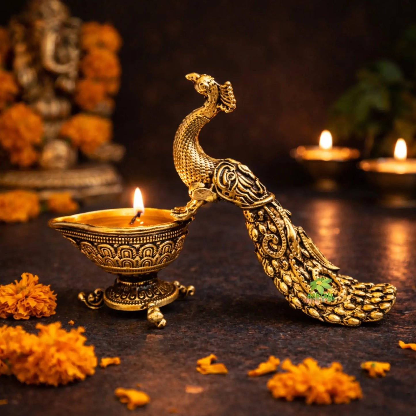 Brass Peacock Diya | Decorative Oil Lamp for Festive Lighting & Gifting | Light Weight Brass Diya (Yellow, 3 Inches)