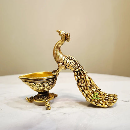 Brass Peacock Diya | Decorative Oil Lamp for Festive Lighting & Gifting | Light Weight Brass Diya (Yellow, 3 Inches)