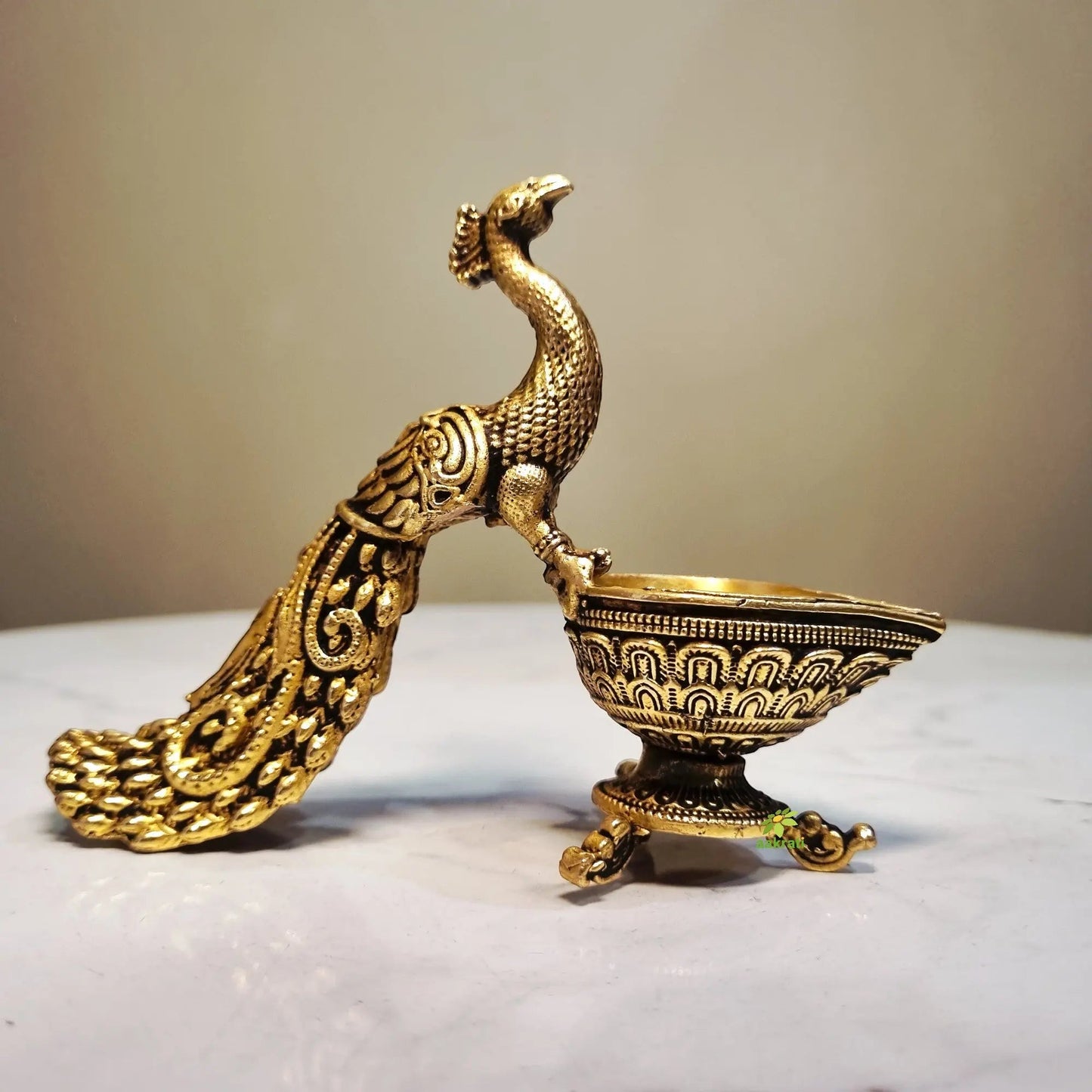 Brass Peacock Diya | Decorative Oil Lamp for Festive Lighting & Gifting | Light Weight Brass Diya (Yellow, 3 Inches)