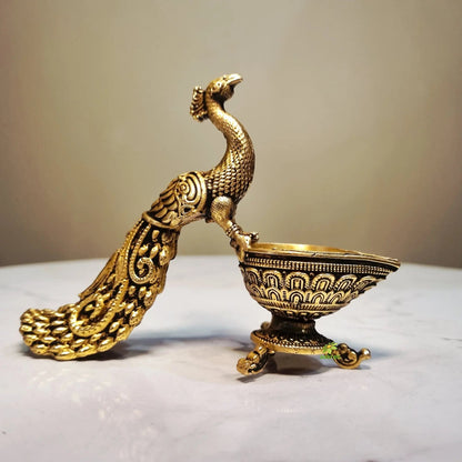 Brass Peacock Diya | Decorative Oil Lamp for Festive Lighting & Gifting | Light Weight Brass Diya (Yellow, 3 Inches)