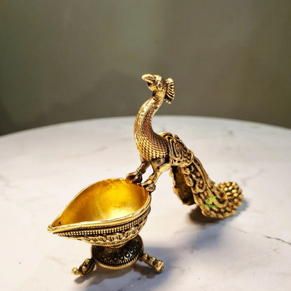 Brass Peacock Diya | Decorative Oil Lamp for Festive Lighting & Gifting | Light Weight Brass Diya (Yellow, 3 Inches)