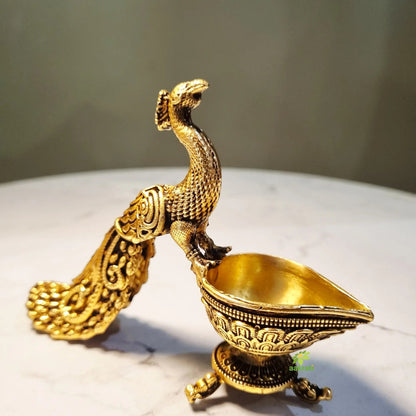 Brass Peacock Diya | Decorative Oil Lamp for Festive Lighting & Gifting | Light Weight Brass Diya (Yellow, 3 Inches)