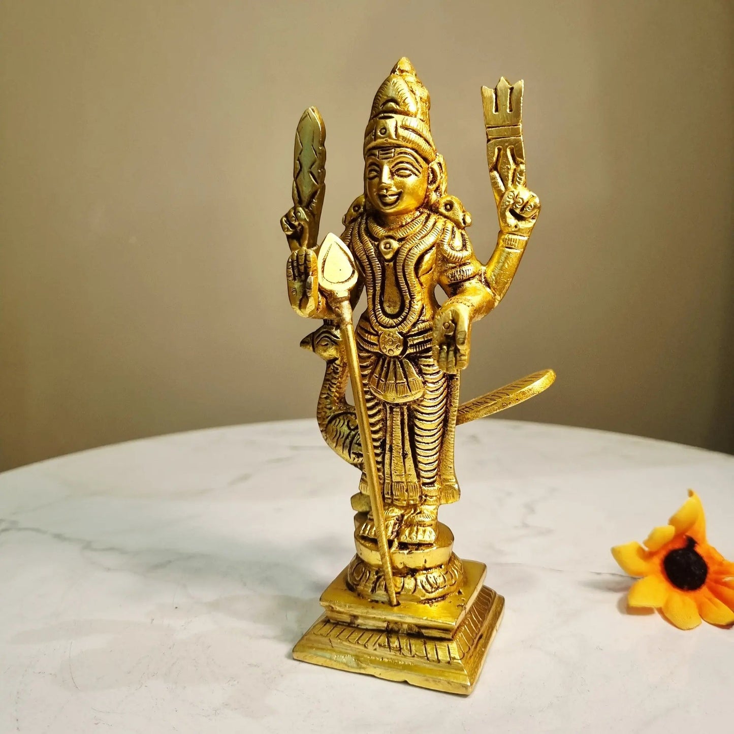 Brass Murugan Idol | Lord Kartikeya Hindu God Idol for Home | Murugan Murti (Yellow, 6 Inches)