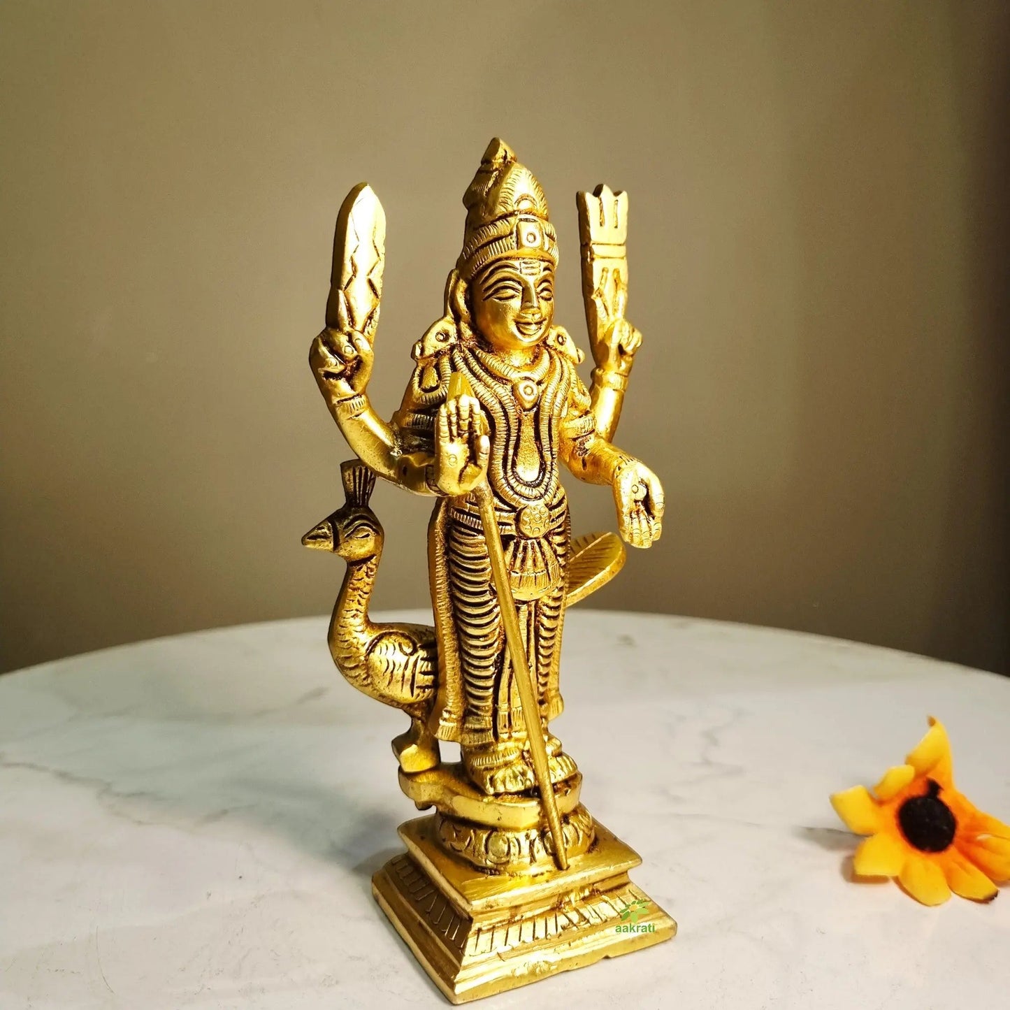 Brass Murugan Idol | Lord Kartikeya Hindu God Idol for Home | Murugan Murti (Yellow, 6 Inches)
