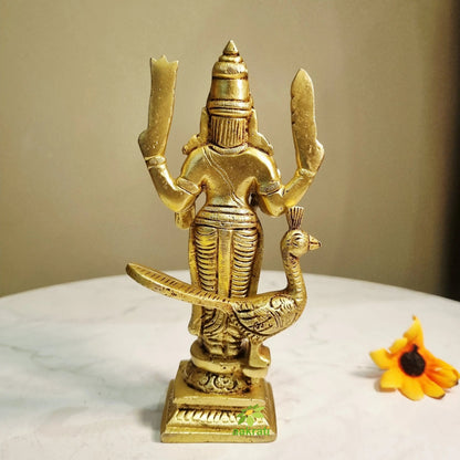 Brass Murugan Idol | Lord Kartikeya Hindu God Idol for Home | Murugan Murti (Yellow, 6 Inches)