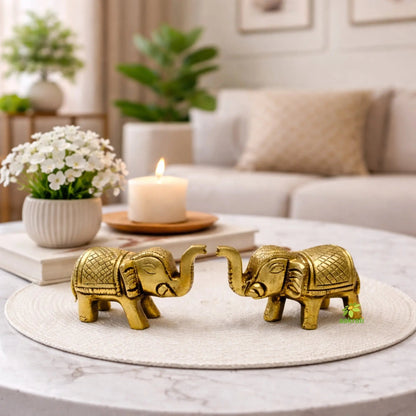 Brass Elephant Pair for Home Décor | Handcrafted Pair of Decorative Elephants | Brass Elephant Pair (Yellow, 1.5 Inches)